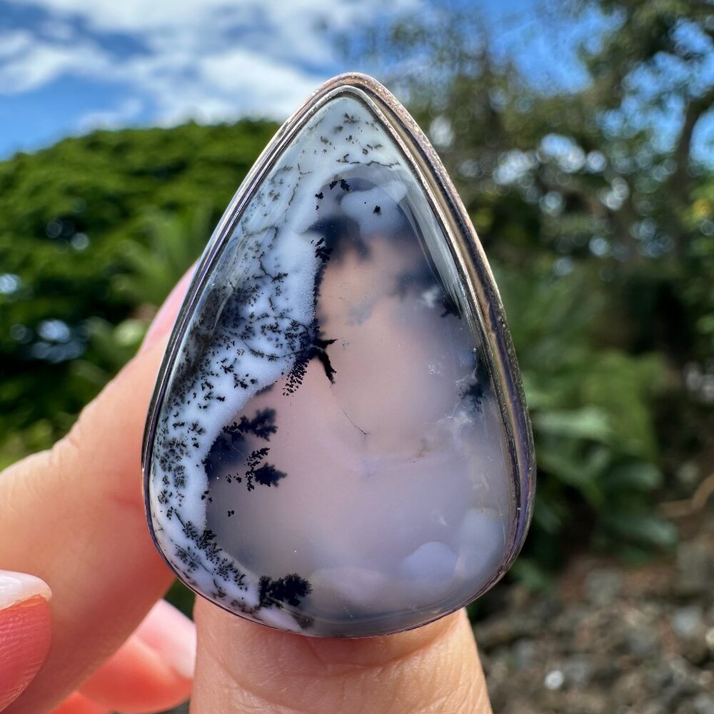 Gorgeous Dendritic Agate Teardrop Ring 925 Size 8
